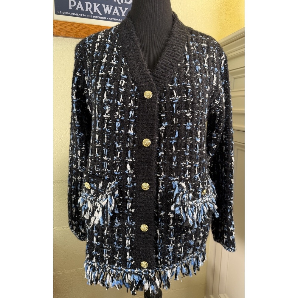 Anthropologie Tweed Fringe Cardigan Knit Sweater Medium Black/Blue/white